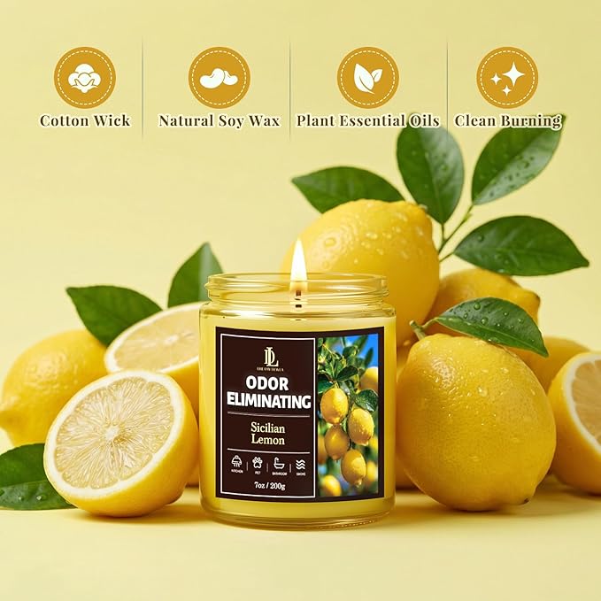 Sicilian Lemon Odor Eliminating Highly Fragranced Candle, Eliminates 95% of Kitchen Grease & Pet Odors Quickly, Air Freshing Scented Candles, Soy Candle Gifts for Women Men, 7oz