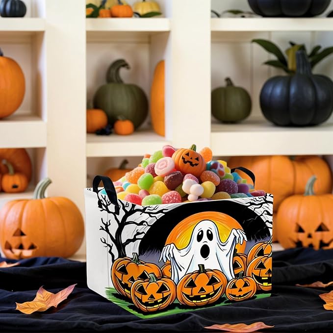 Large Halloween Basket Gift Cute Ghost Pumpkin Parties Decor Kid Trick or Treat Basket for Boys and Girls Rectangular Storage Bin Box (Great Ghost)