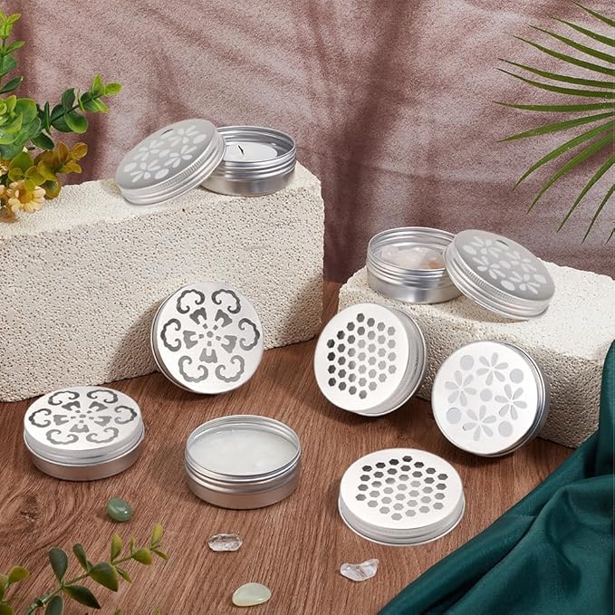 PH PandaHall 12pcs Aluminium Tins 3 Style Round Metal Container 2 Ounce Empty Metal Tins with Hollow Lids Refillable Spice Containers for Aromatherapy Air Freshener Candles Travel Storage 2.75x1 inch