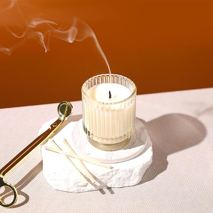 DEVI 7oz Empty Clear Ribbed Glass Candle Jars for Making Candles Set of 8,Glass Candle Jars with Bamboo Lids, Bulk Empty Candle Containers, Candle Tins Making Supplies, Wedding Favors