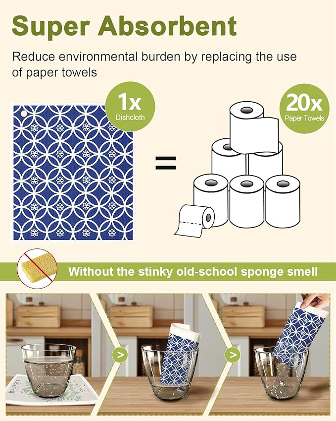Miss Adola 8 Pack Reusable Kitchen Swedish Dishcloths for Washing Dishes Cloths Absorbent Fast Drying Cleaning Sponge Cute Decorate Washable Swedish Towels, Blue Line