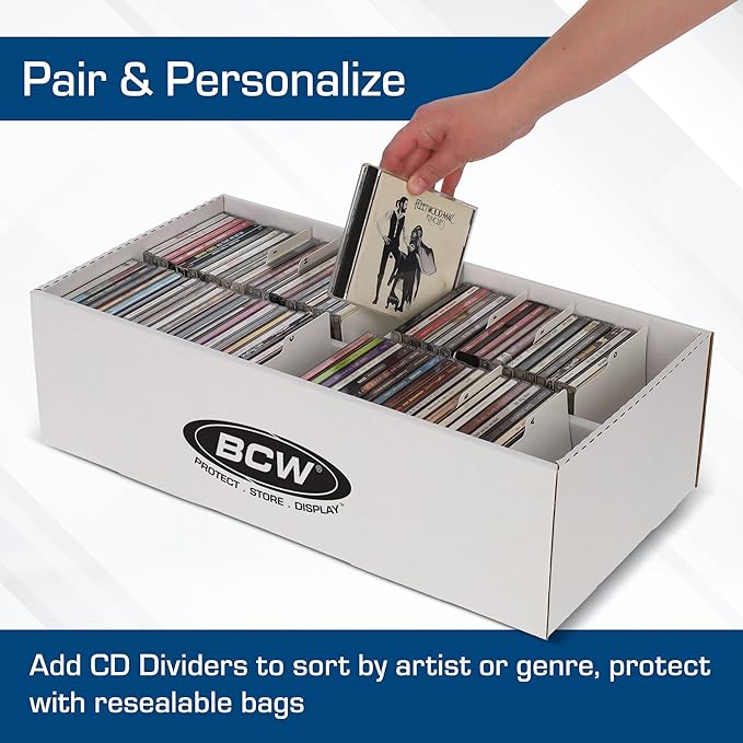 BCW CD Storage Box with Lid - 3 Pack | Holds 100 Jewel Cases | CD Organizer Case with 4 Compartments | Corrugated Storage Bin for Home & Retail | Compact Box for Jewel Case Storage