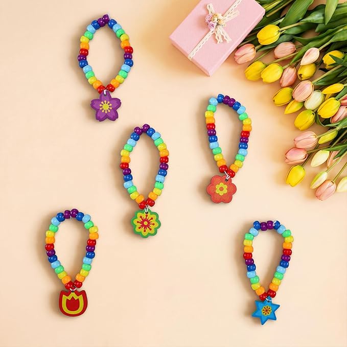 Tondiamo 24 Sets Mothers Day Crafts Spring Flower Beads for Bracelets DIY Colorful Flower Bracelet Making Kit for Spring Mothers Day Jewelry Making Supplies DIY Activities Party Favor Gifts