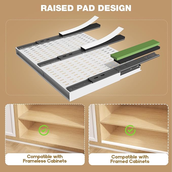 2 Pack Pull Out Cabinet Organizer With Raising Pad for Framed Cabinets,Expandable Width (15"-25") and Depth (17"-24"),3 Slide Rails Slide Out Drawers with Handle,No-Drill Roll Out Shelf,White