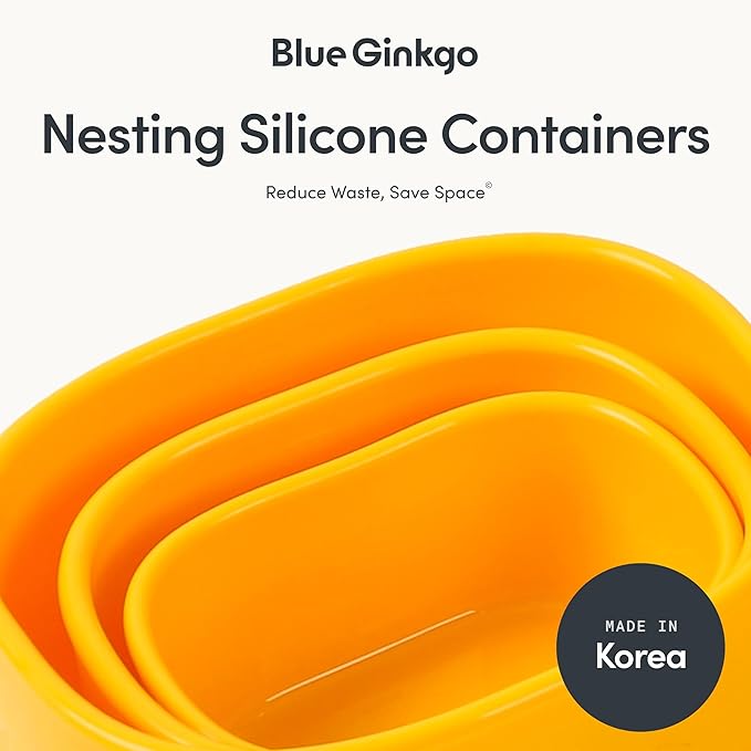 BLUE GINKGO Nesting Silicone Containers - Set of 3 Hard-Shell Silicone Food Storage Containers | BPA Free, Airtight, Dishwasher and Freezer Safe (6.7oz, 10oz, 20oz) - Yellow
