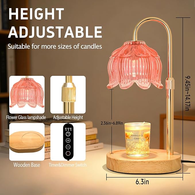 Flower Candle Warmer lamp with Timer Dimmer,Adjustable Height Candle Warmer,Fits All Jar Scented Candles,Christmas Gifts for Mom Women,Candle Lamp for Bedroom Home Decor,Pink