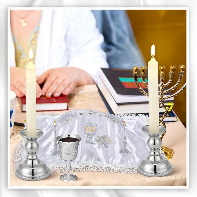 Modern Shabbat Havdalah Set White Satin Challah Cover Silver Candle Holders Silver Wine Cup White Taper Candles for Shabbat, Holiday and Havdalah Gifts