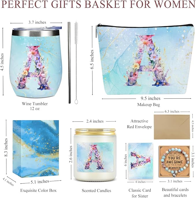 Personalized Gifts Monogrammed Birthday Gifts for Women, Bridesmaid Bachelorette Party Wedding Christmas Initial Wine Tumbler Makeup Bag Scented Candle Bracelet Set, (Aesthetic Purple Flower A)