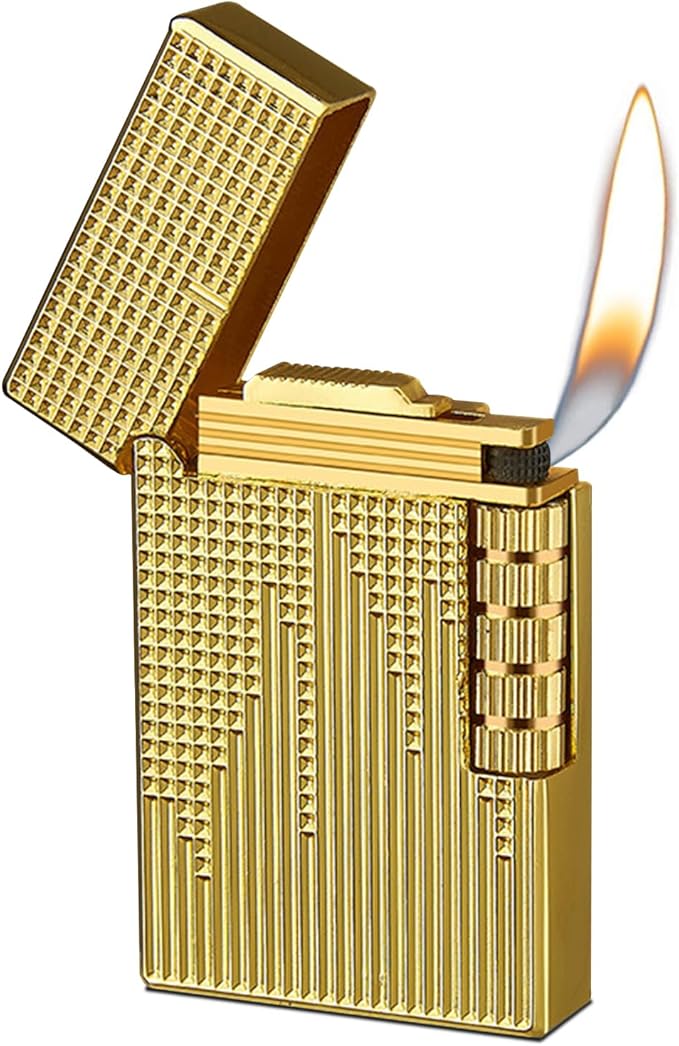 Unique Butane Lighter, MultiCut Geometric Design, Refillable Lighter Soft Flame, Flip-Top Metal Gold Side Wheel Frosted Pocket Lighter, Gifts for Men, Father, Husband (No Fuel)