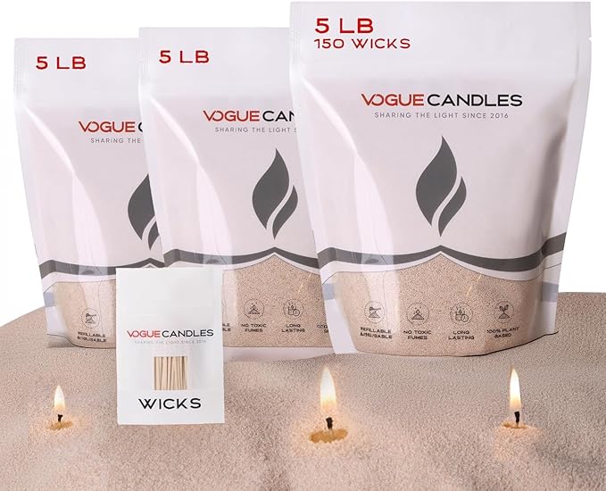 Vogue Candles Granulated Nude Wax Refill – 5LB Pearled Candle Sand Wax – Sand Candle Kit with 150 Cotton Wicks for Christmas Candles – Plant-Based & Reusable for Clean Burning & Décor (3 Pack)