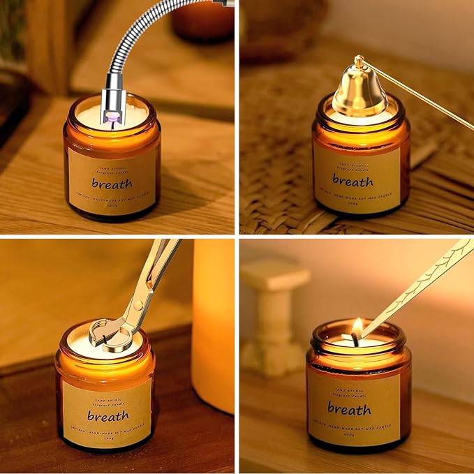 5 in 1 Candle Accessory Set,Candle Wick Trimmer Cutter,Candle Wick Dipper,Candle Wick Snuffer,Rechargeable Candle Lighter,Tweezers,Stainless Steel Candle Care Kit Home Gift for Aromatherapy