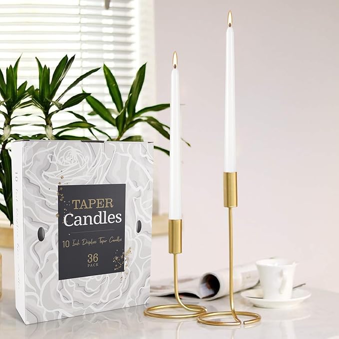 36 Pack White Taper Candles 10 Inch - Premium Unscented Dripless & Smokeless Long-Burning Candles for Wedding Decor, Fine Dining, Candelabras, Romantic Dinner, and Elegant Home Decor