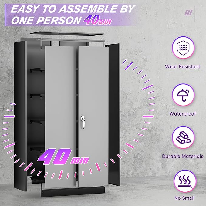 Superday Metal Storage Cabinets, 72" Storage Cabinet with Locking Door, Tall Garage Cabinet with 2 Doors and 4 Adjustable Shelves for Home Office, Classroom, Easy Assemble(Black Grey)