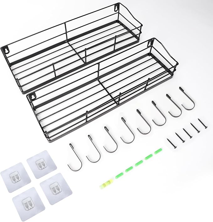 Lyeasw Black Floating Shelves Wall Mounted with 8 Removable Hanging Hooks, 15-Inch Adhesive Shower Shelf Organizer for Bathroom Kitchen Storage Rack, Set of 2