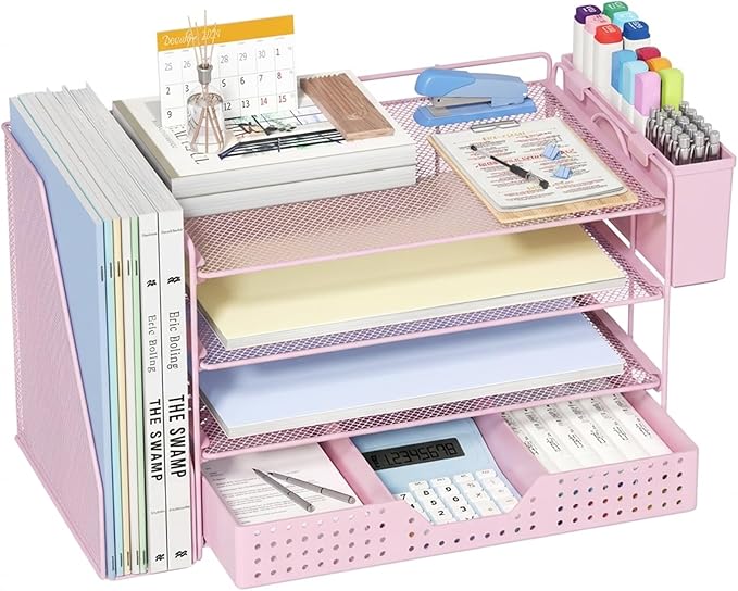 ECOLOVI Desk Organizer, 4-Tier Paper Organizer Letter Tray with File Holder, Drawer and 2 Pen Holders, Desktop File Organizer for Office Supplies, Workspace Storage, Pink
