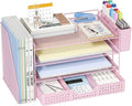 ECOLOVI Desk Organizer, 4-Tier Paper Organizer Letter Tray with File Holder, Drawer and 2 Pen Holders, Desktop File Organizer for Office Supplies, Workspace Storage, Pink