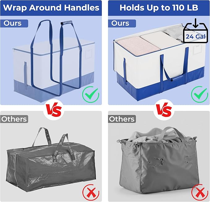 StorageWorks 6 Pack Extra Large Lidded Storage Bins, Moving Bags with Lid, Heavy Duty Storage Packing Tote for Clothes, Collapsible Moving Supplies with Reinforced Handles, White and Blue