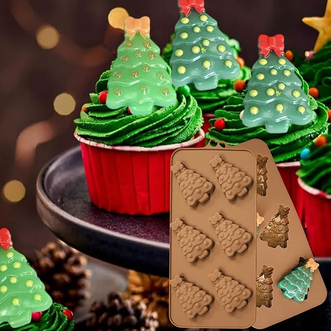 2 Pack Christmas Tree Silicone Candy Molds, 6 Cavities 3D Christmas Chocolate Molds with Bowknot Shape Design Non-Stick Holiday Silicone Mold Kit for Home Indoor Baking, Soap Making, Candle Resin