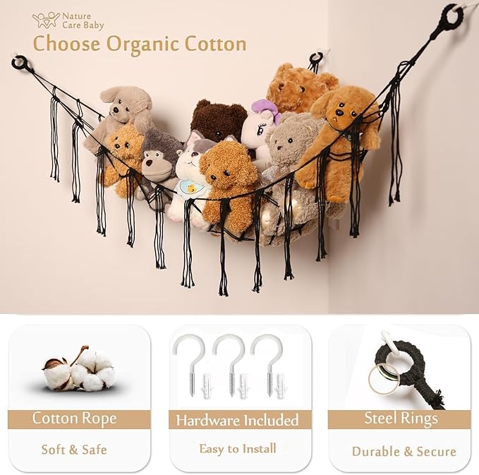 YKBU Stuffed Animals Hammock Corner Hanging Net Macrame Stuffed Animal Storage Plush Toy Holder Toy Organizer for Boho Nursery Playroom Bedroom Kids Room (black, Large)
