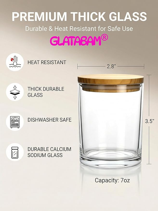 GLATABAM 7 OZ Candle Jars 12 Pack - Bulk Glass Candle Making Jars with Bamboo Lids & Labels, Heat Resistant Empty Reusable Candle Vessel for Containers(Clear)