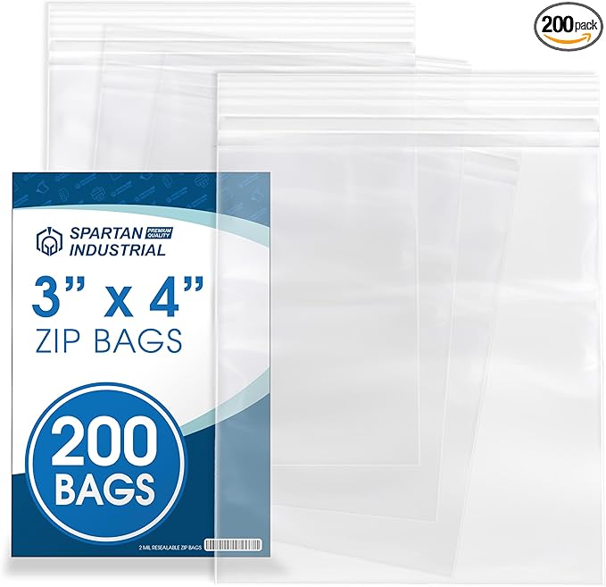 Spartan Industrial - 3” X 4” (200 Count) 2 Mil Clear Reclosable Zip Plastic Poly Bags with Resealable Lock Seal Zipper