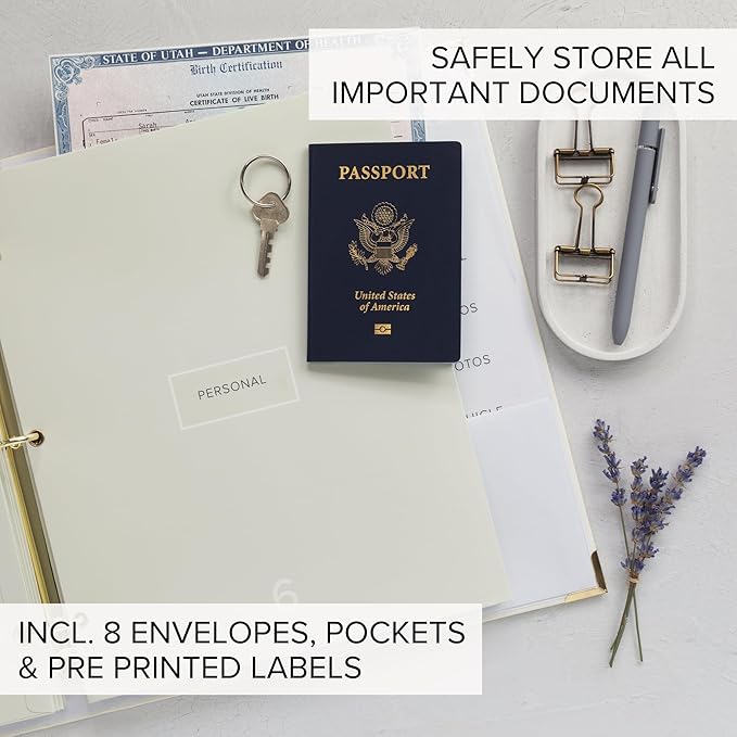 Sturdy Document Organizer Set with Folders - Beautiful Linen 3-Ring Binder Safely Stores All Important Documents & Files in One Place - Easy to Use Expanding Storage Incl. Envelopes, Pockets & Labels