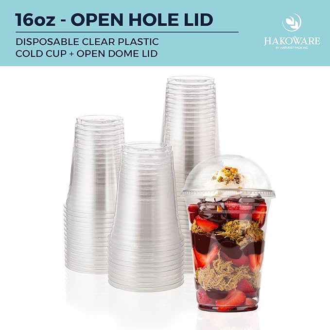 [200 SET]HAKOWARE 16oz Ultra Clear Disposable Plastic Cold Cups with Open Hole Dome Lids, PET Party Drinking Cups, Iced Coffee Smoothie Cold everage, Dubai Chocolate Strawberry Cups