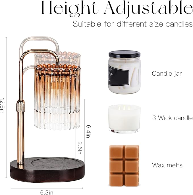 Candeldo Candle Warmer Lamp with Timer: Amber Candle Warming Lamp with 2 Bulbs Height Adjustable Wax Melt Dimmable Bedroom Decor for Women