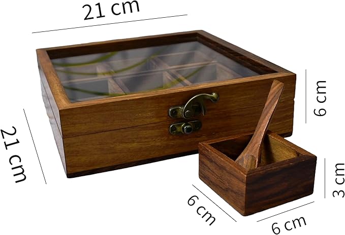 Masala Dabba Indian Wooden Spice Box with Glass Top and Spoon - Sheesham Rosewood (8 inch spice box)