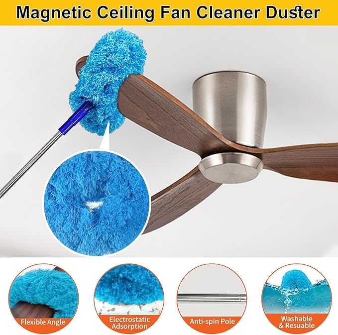 Tiumso Ceiling Fan Cleaner Dusters for Cleaning 6-in-1 Kit, Cobweb Duster with Extension Pole, 100 Inches High Ceiling Fan Blade Cleaners with 5 Reuseable Dusting Heads for Windows and Blinds- Blue