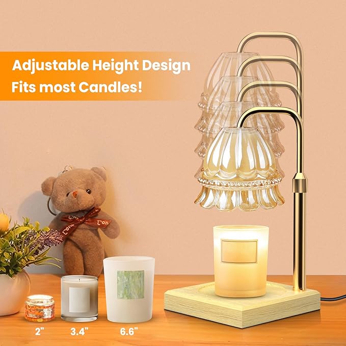 AUGOSTA Candle Warmer Lamp with Timer and Dimmer, Birthday Gifts for Women Mom, Adjustable Height Vintage Candle Lamp with 2 Bulbs for Jar Candles Home Kitchen Office Living Room Decor (Gold)