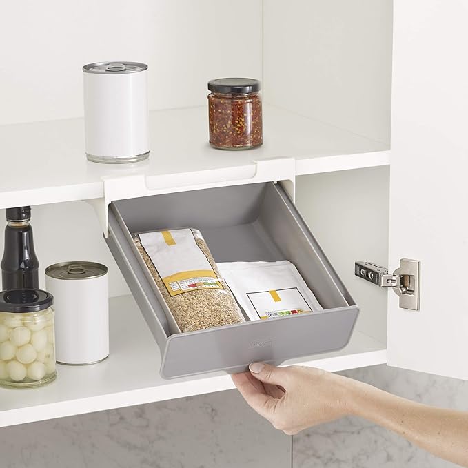 Joseph Joseph CupboardStore Under Shelf Drawer Kitchen Cabinet Storage Organizer, Space Saving, Gray/White