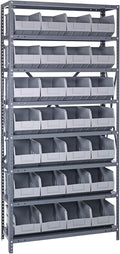 Quantum 1275-443GY Heavy Duty Shelving Unit with (8) Shelves and (28) SSB443 Gray Bins for Garage Warehouse Storage Distribution | 400 lb Load Capacity | 12"D x 36"L x 75"H, Galvanized Carbon Steel