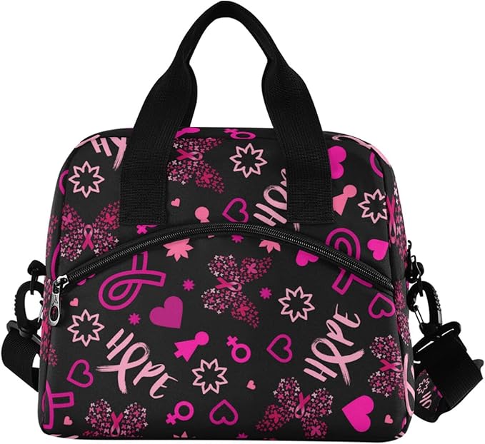 CBBYY Breast Cancer Awareness Butterfly Lunch Bags for Women Men, Reusable Insulated Lunch Box, Adjustable Shoulder Straps Tote Lunch Bag for Work Picnic School