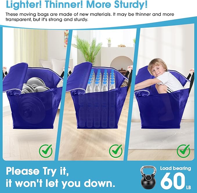 BlissTotes 4 Pack Moving Bags with Clear Window, Storage Bags with Strong Carrying Handles & Zippers,Large Packing Bags for Saving Space, Alternative to Moving Boxes(Blue,24 Gallon)
