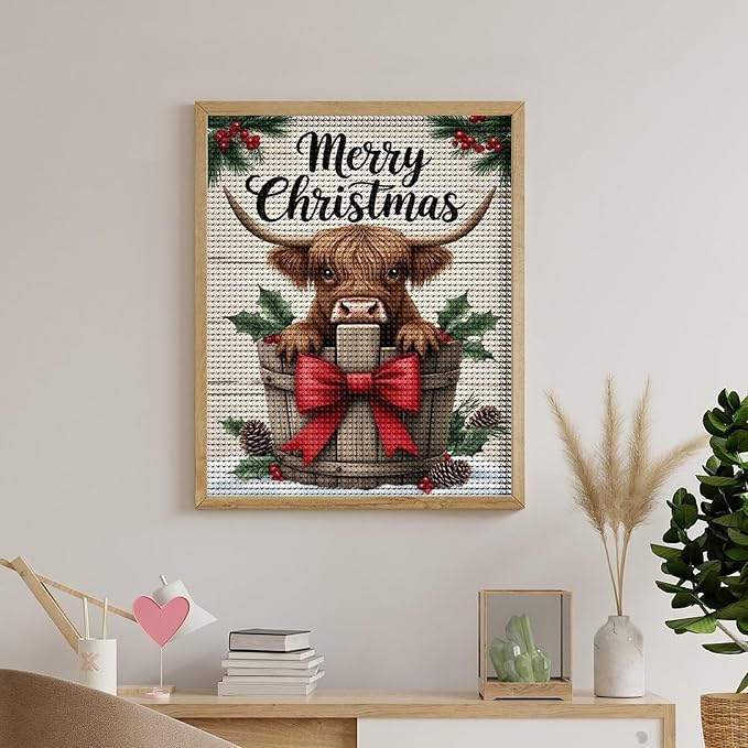 AIVKIEJK Diamond Painting Kits for Adults - Highland Cow Merry Christmas Painting DIY 5D Full Drill Diamond Dots Paintings with Diamonds Gem Art and Crafts Home Decor 16"x20"