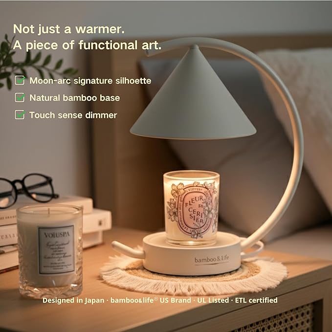 Bamboo&Life® Moonlit TouchOn Candle Warmer Lamp,4-Pc Eco-Luxury Set,Authentic Japan Moon Design,US Brand,UL&ETL Certified Components,Real Bamboo Base,Touch Dimmer,Birthday&Housewarming Gift,Home Decor