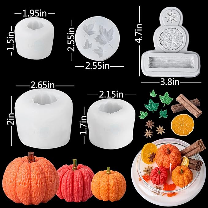 5 Pack Pumpkin Candle Molds Pumpkin Silicone Mold Set with Leaf Lemon Slices Star Anise Cinnamon Molds for Candles Wax Soap Making Epoxy Resin Casting 3D Candle Mold Halloween Thanksgiving Home Decor