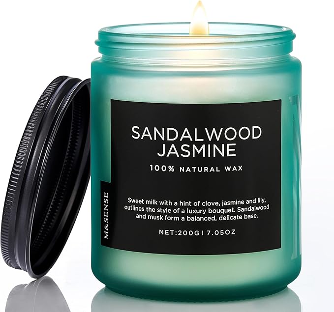 M&SENSE Sandalwood Jasmine Scented Candles for Home, 7.05oz Natural Soy Wax, 50 Hours Cute Candles Non Toxic, Spring Smelling Home Fragrance for Women, Aromatherapy Gifts for Housewarming