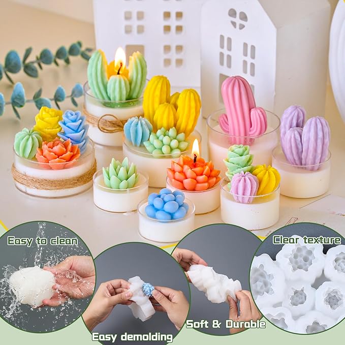 Succulent Silicone Mold 9 Cavities Plants Candle Molds and 4 pcs 3D Succulent Cactus Candle Molds Resin Casting Silicone Molds for Home Decor