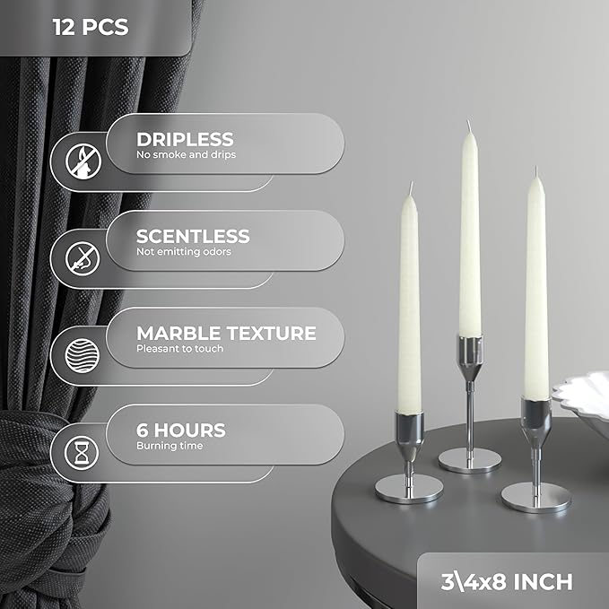 CANDWAX Candle Set of 12 Ivory Taper Candles 8 inch - Dripless and Ideal for Wedding Use - Long Burning and Unscented Candlesticks - Ivory Candles