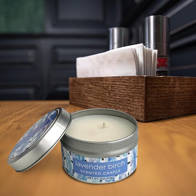 Greenwich Bay Hand-Poured Scented Candle in Decorative Tin – 4 oz/114 g Travel Candle with Lead-Free Wick, Vegetable Wax, Long-Burning Aromatherapy Gift, Single Wick – Made in USA (Lavender Birch)