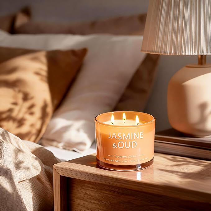 Jasmine & Oud Scented Candle, Luxury Large 3 Wick Soy Candle 12 Oz, 60+ Hour Long Lasting Clean Burn, Elegant Aromatherapy Home Decor, Housewarming & Birthday Gift for Men & Women