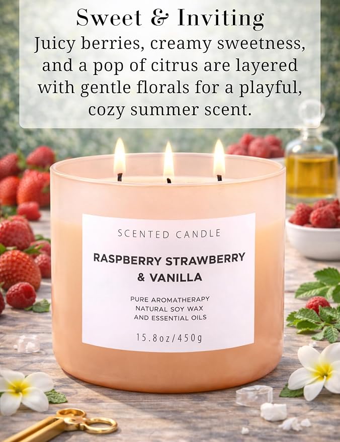 Raspberry Strawberry Vanilla 3-Wick Scented Soy Candle 15.8 oz | Large Sweet Berry Vanilla Scented Candle for Home | Relaxing Aromatherapy Candle | Strong Throw & Long Lasting