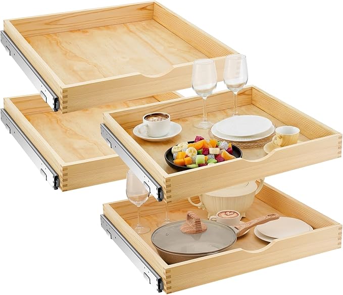 Sintuff 4 Pack Wooden Pull out Tray Cabinet Organizer Gentle Close Roll out Shelves for Kitchen Cabinets Fully Assembled Slide Pantry Shelves (24'' X 21'')
