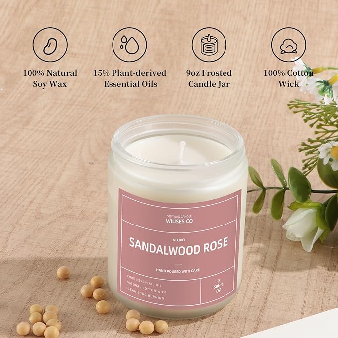 Sandalwood Rose Candle for Home Scented| Natural Soy Non Toxic Candles| Long Clean Burning Aromatheraphy Jar Candel| Women,Men Gift for Autumn,Winter, Halloween,Thanksgiving,Relaxing| 9oz
