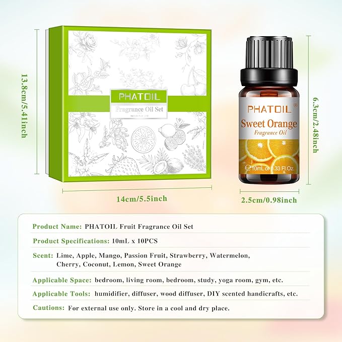 PHATOIL 10Pcs Fruity Fragrance Oil Set, Coconut, Cherry, Apple, Strawberry, Mango Oils for Candle Making, Freshie Scents for DIY Soap Making, Diffuser Oil Scents Set