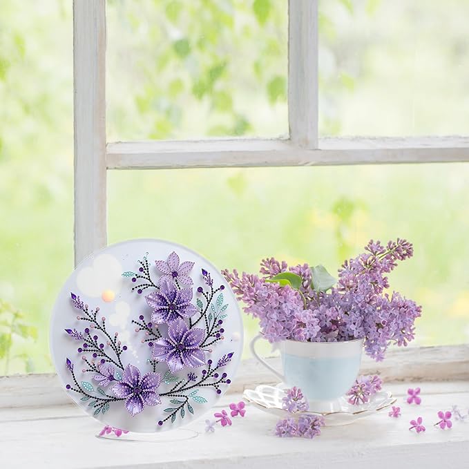 ARTopet DIY Diamond Desktop Ornament PET Irregular Shape Special Shaped Crystal Double Sided Pattern Single Sided Diamond Art Painting Tabletop Home Ornaments Decor (Purple Flowers02)