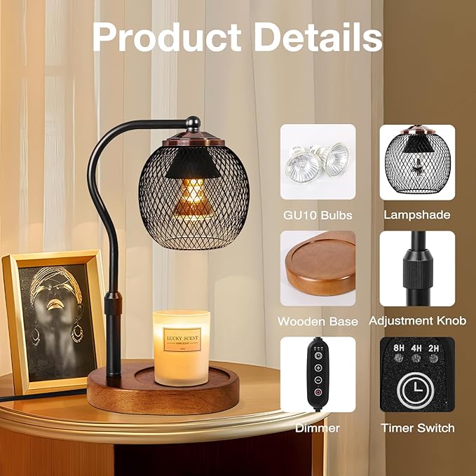 Candle Warmer Lamp with Timer and Dimmable,Height-Adjustable,Black Wax Melt Lamps for Jar Candles,lampara para velas aromaticas, House Warming Gifts, Metal Lampshade with 2 Bulbs