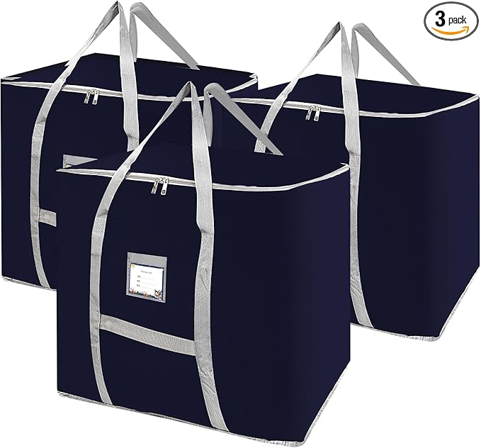 3 Pack 75L Heavy Duty Moving Bags, Large Tote Bags, Space Saving, for Storage & Moving, with Reinforced Handles & Sturdy Zippers (Blue)